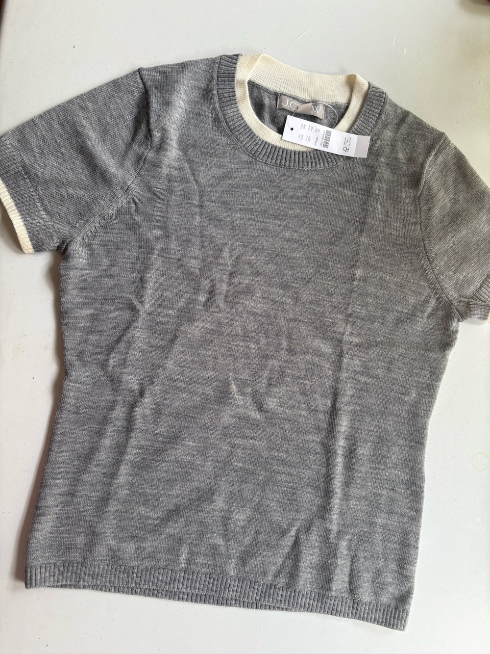 J.Crew Merino Wool Short Sleeve Sweater — Gray with Cream Trim, Size XS, NWT